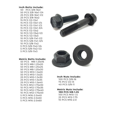 Boltsandnuts.Com Inch & Metric Grade 8 / Class 10.9 Flange Bolt and Lock Nut Kit - 1175 PCS Assortment Kit #118